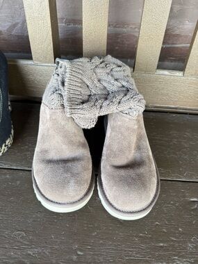 Knit Cuff Suede Slip-On Booties in Taupe/Grey